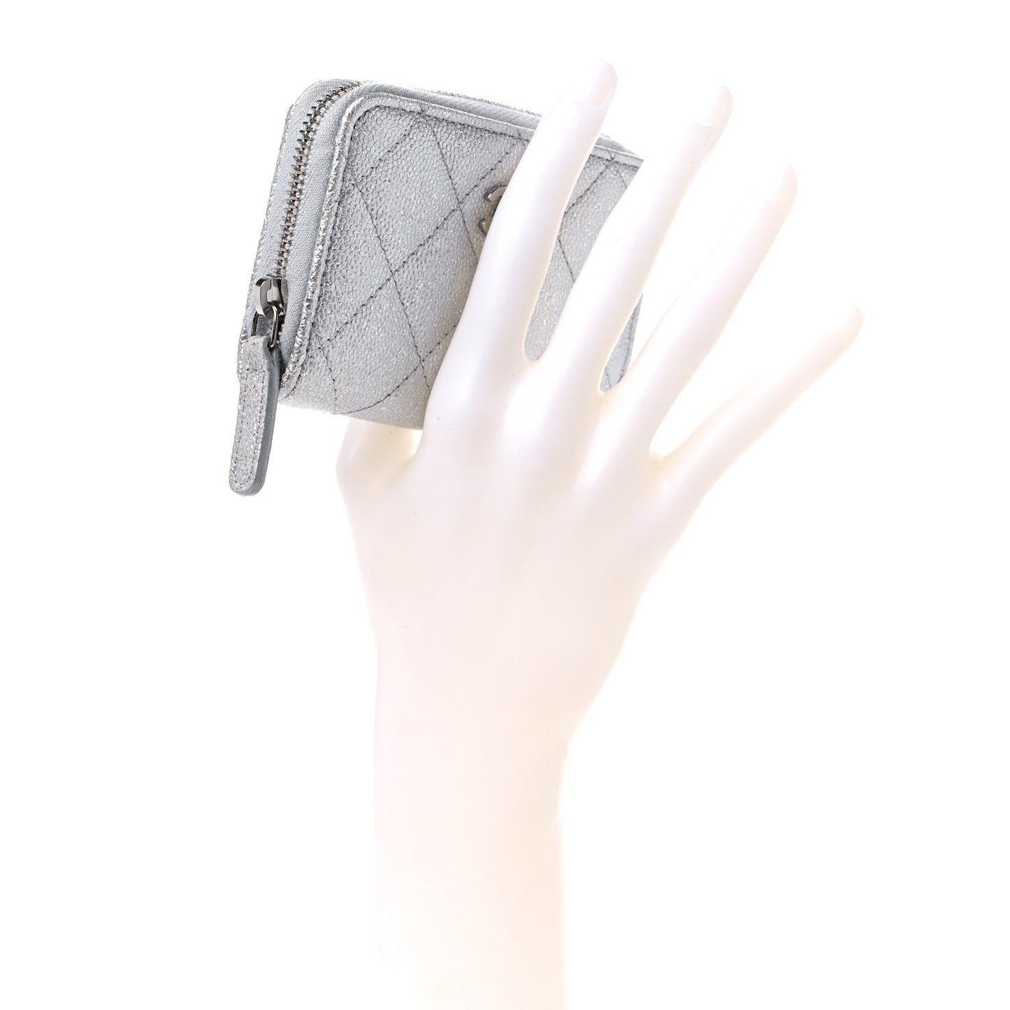 Glittered Metallic Caviar Quilted Zip Coin Purse Wallet Silver