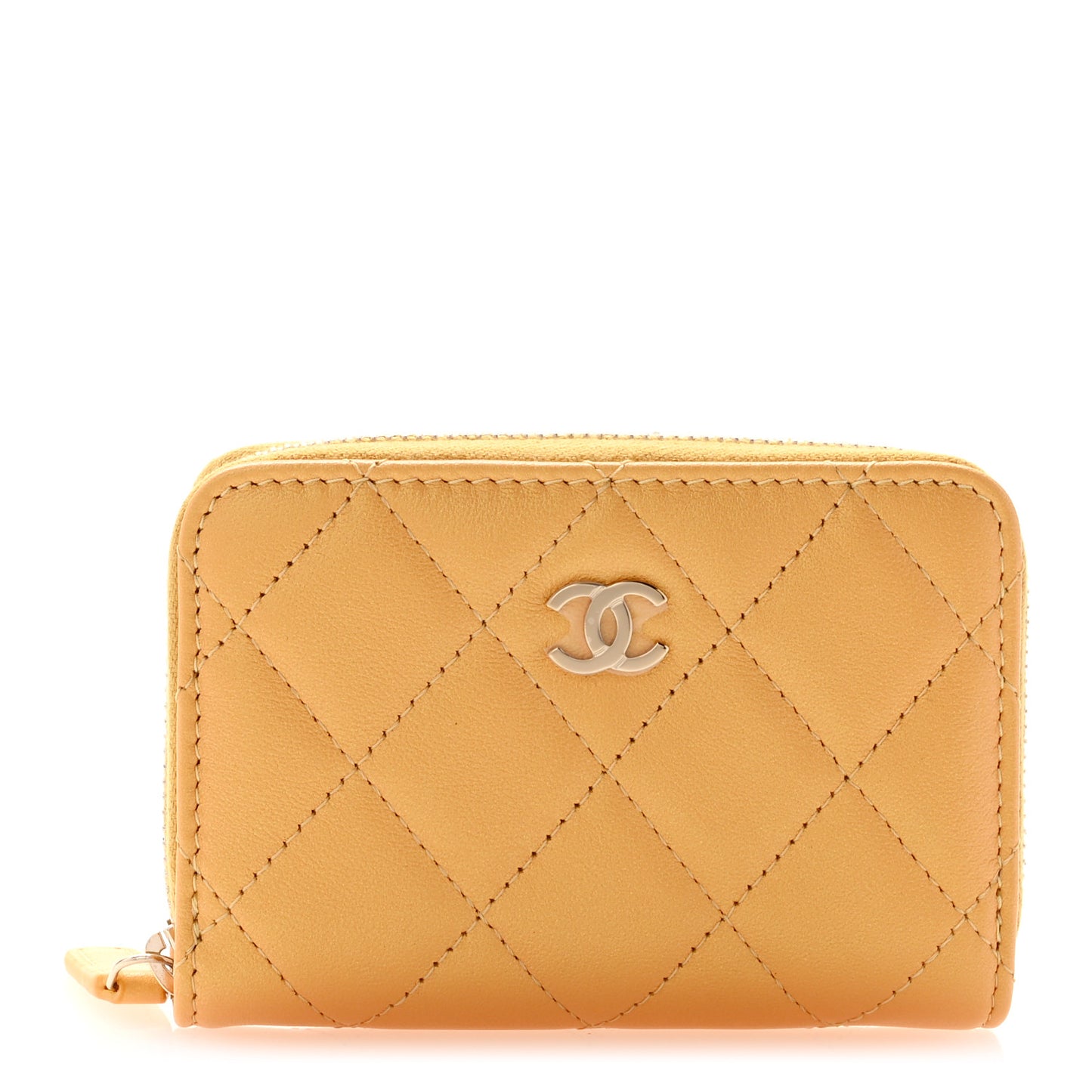 Metallic Lambskin Quilted Zip Around Coin Purse Wallet Yellow