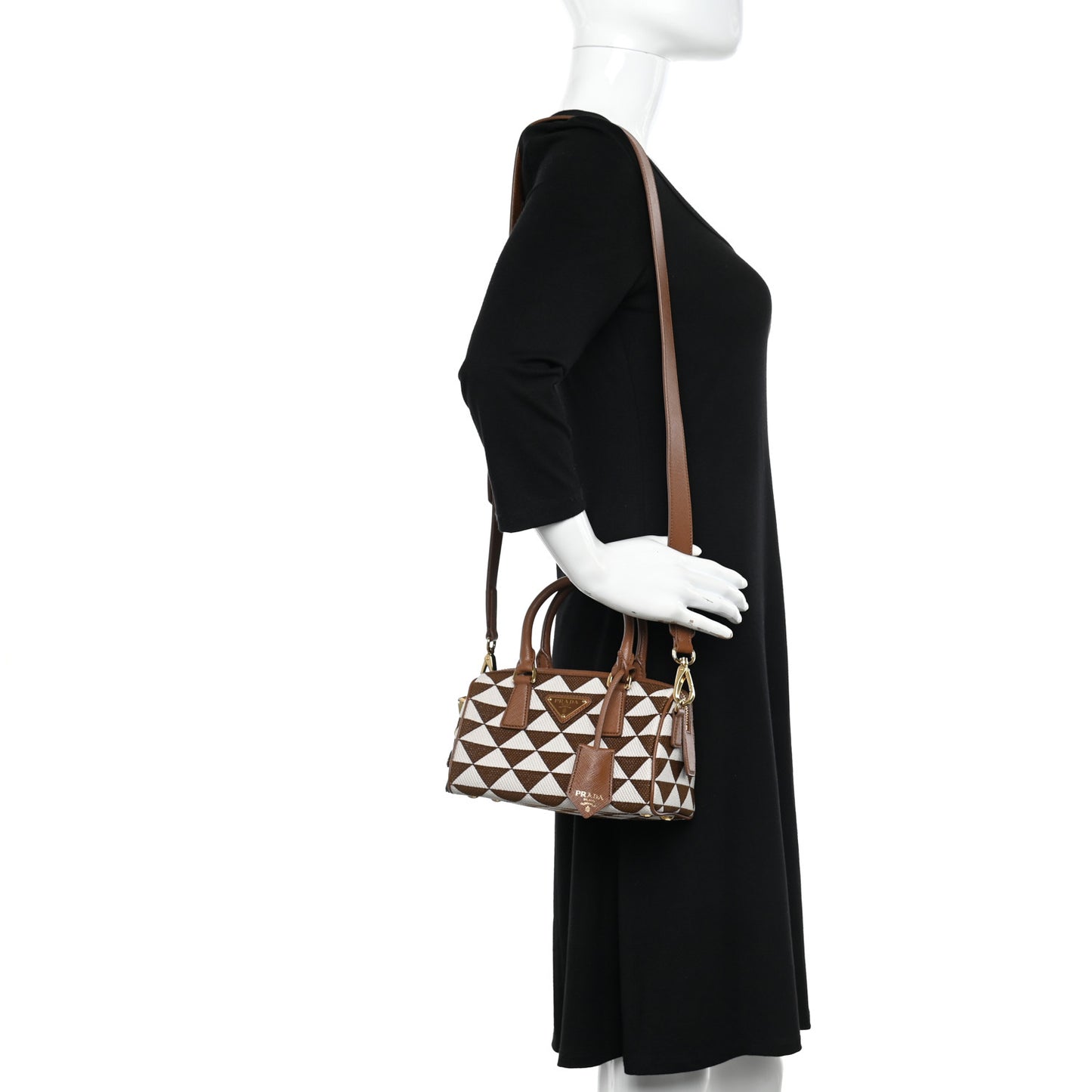Jacquard Saffiano Triangolo Symbole Embroidered Top Handle Crossbody Bag Tobacco Talco