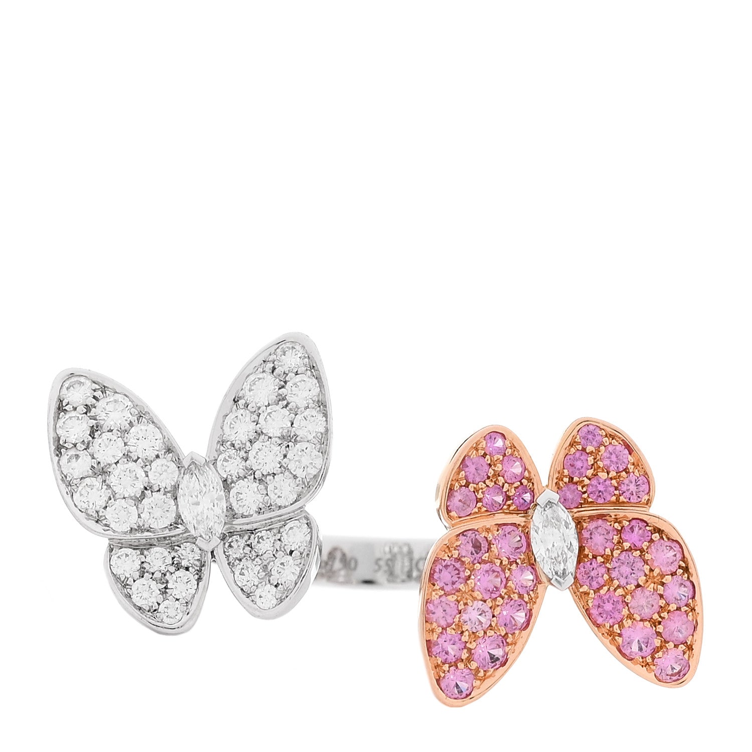 Van Cleef & Arpels 18K White Rose Gold Diamond Pink Sapphire Two Butterfly Between The Finger Ring 55 7.25 1 of 4