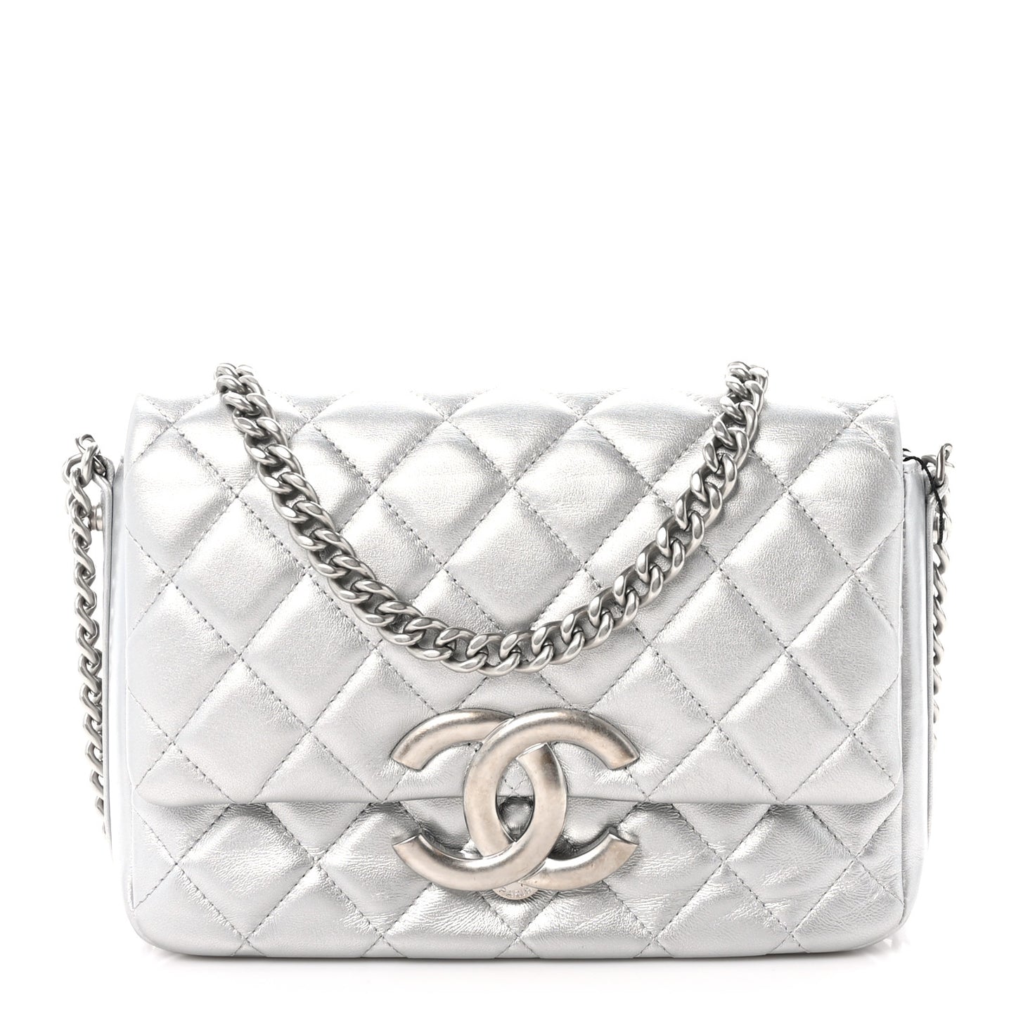 Metallic Lambskin Quilted Mini Maxi CC Flap Argent