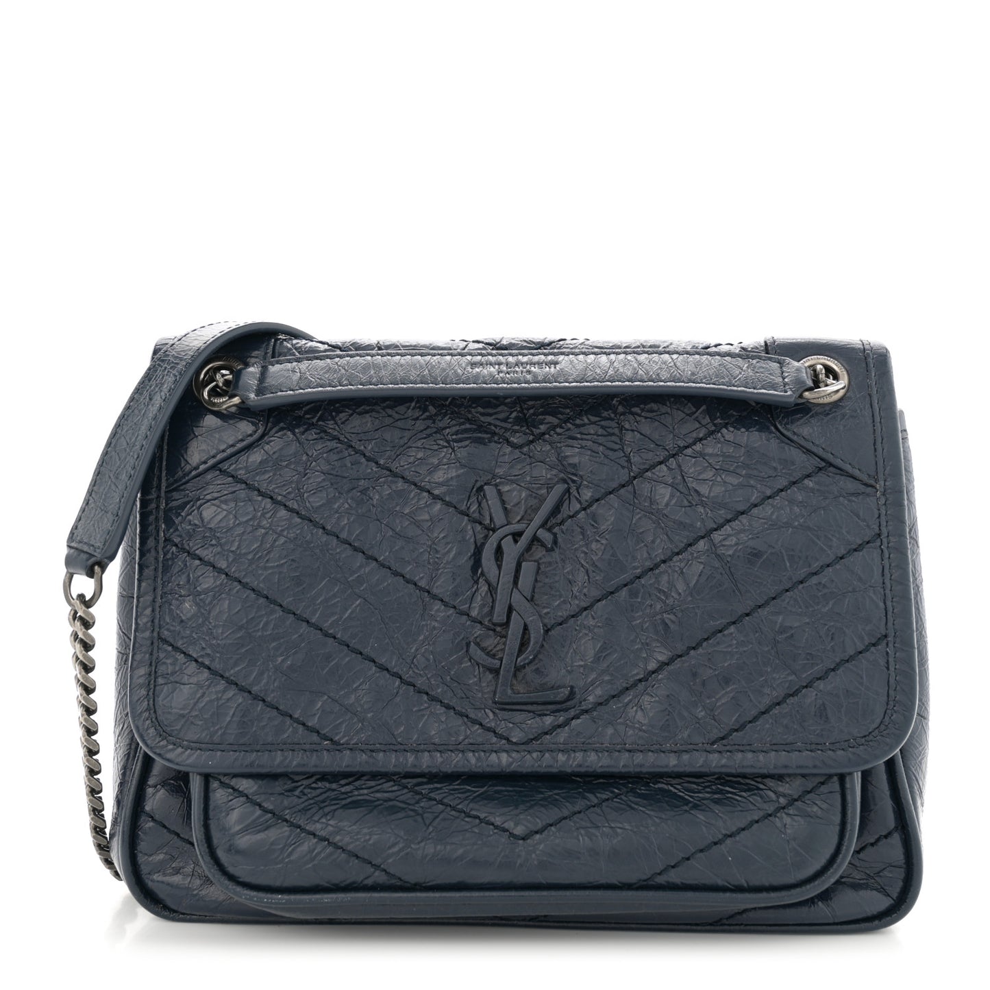 Crinkled Calfskin Matelasse Monogram Baby Niki Chain Satchel Navy