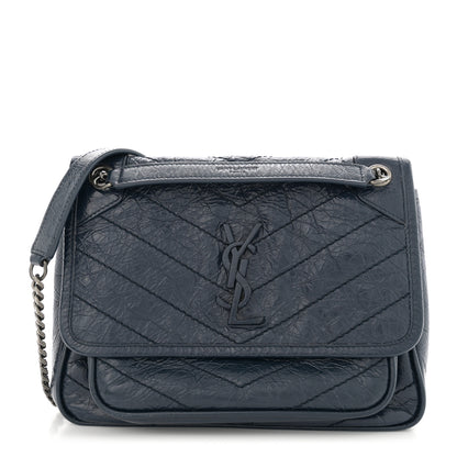 Saint Laurent Crinkled Calfskin Matelasse Monogram Baby Niki Chain Satchel Navy 1 of 11