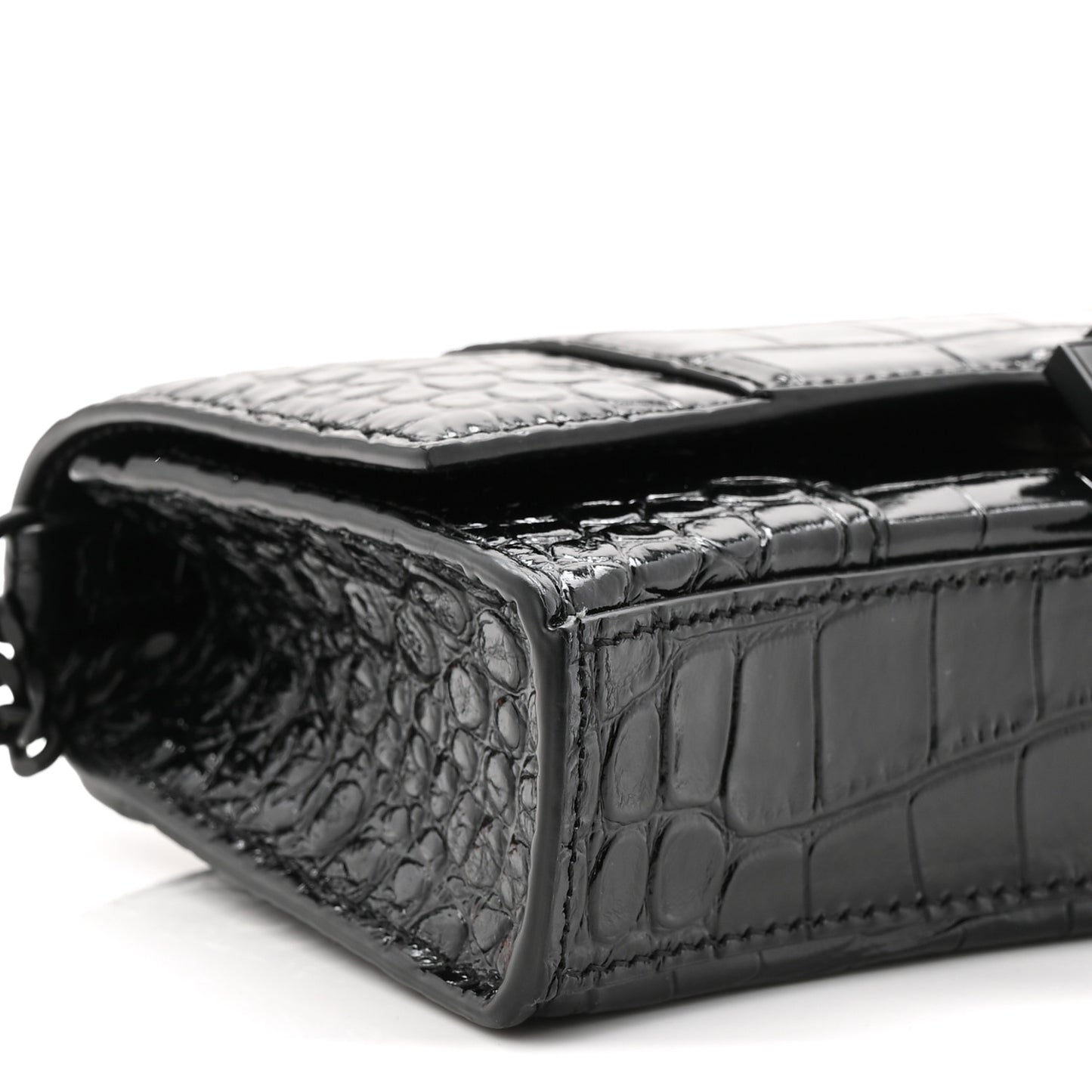 Shiny Calfskin Monochrome Crocodile Embossed Hourglass Chain Bag Black