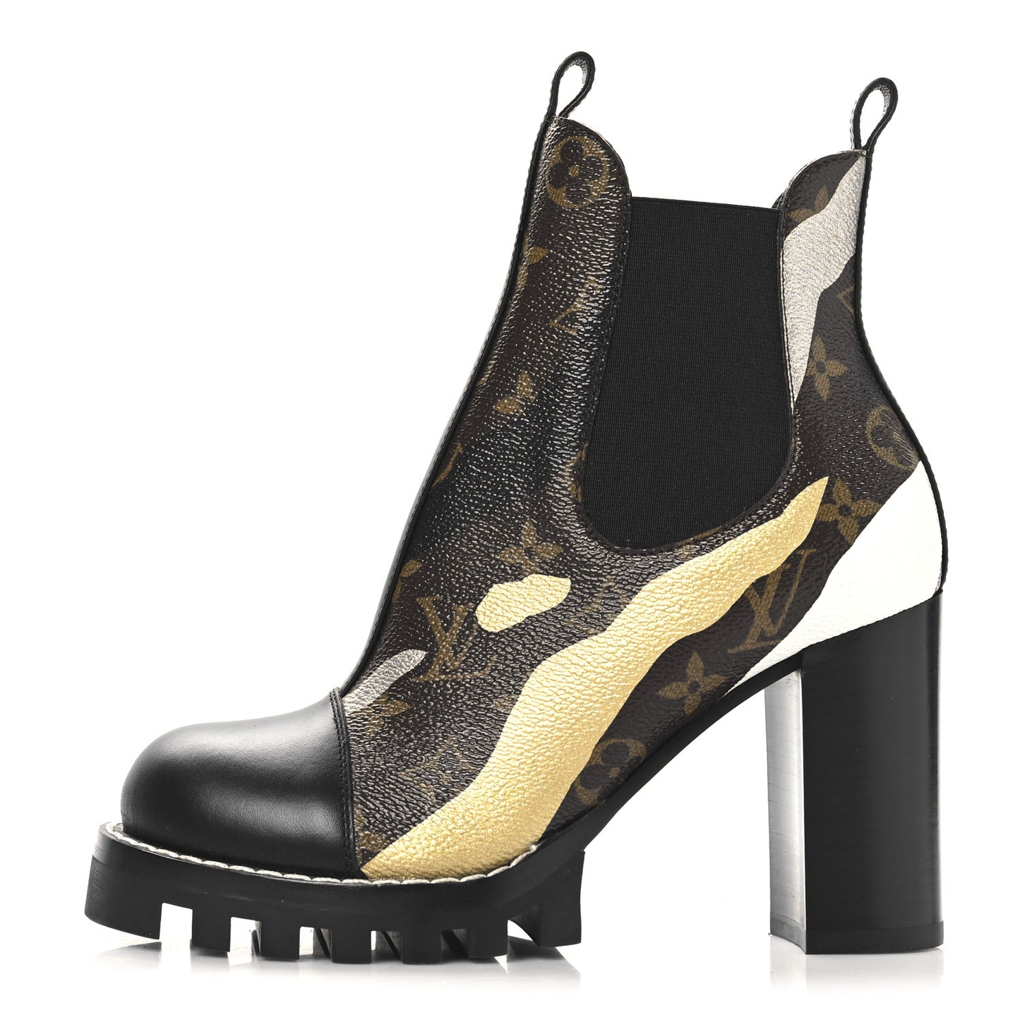 X LOL Patent Calfskin Monogram Star Trail Chelsea Ankle Boots 36 Gold Silver
