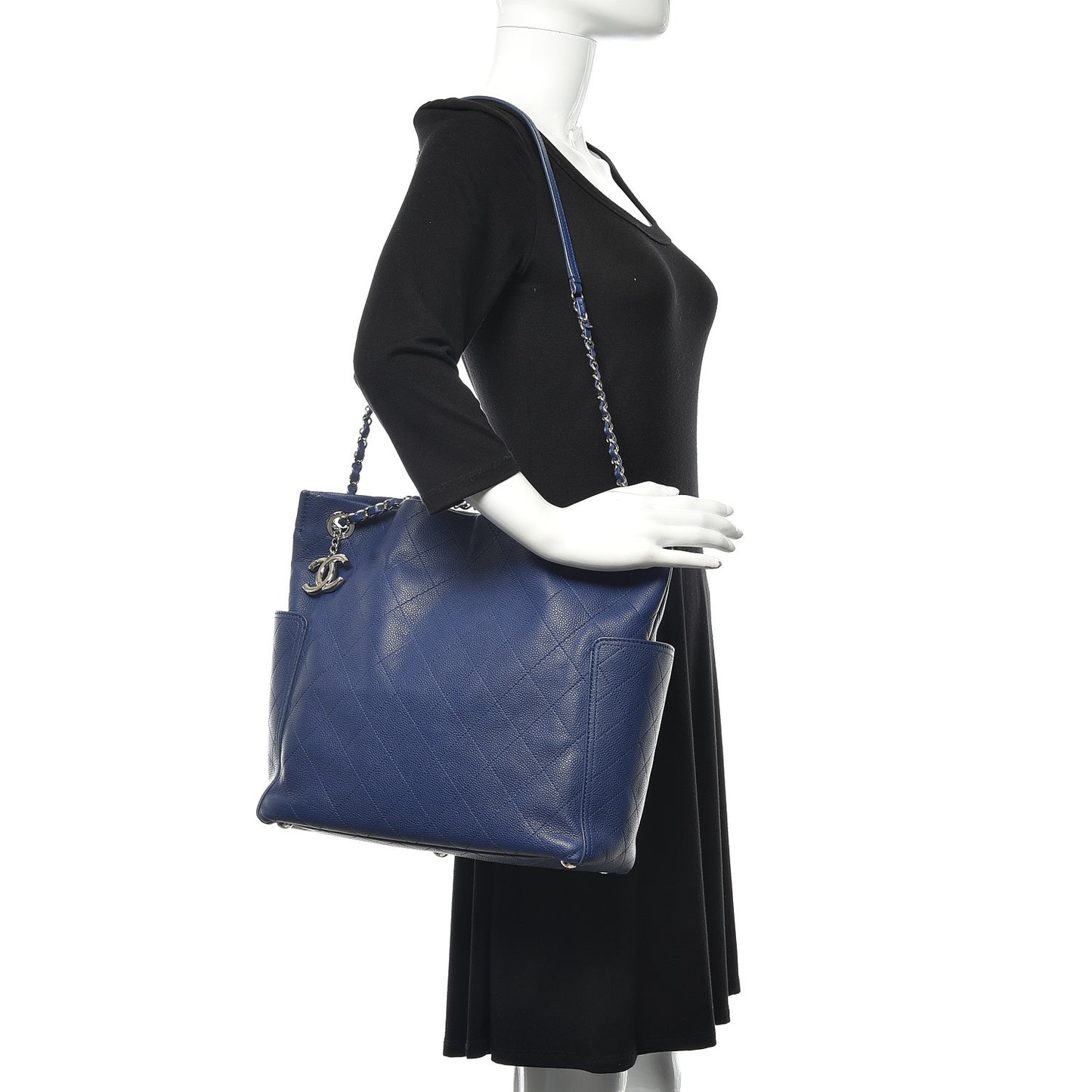 Grained Calfskin Stitched CC Pocket Tote Navy Blue