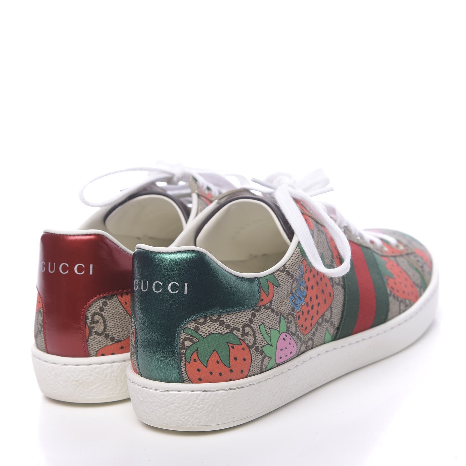 Gucci GG Supreme Monogram Strawberry Web Womens Ace Sneakers 36.5 Beige Multicolor Red Green 4 of 12