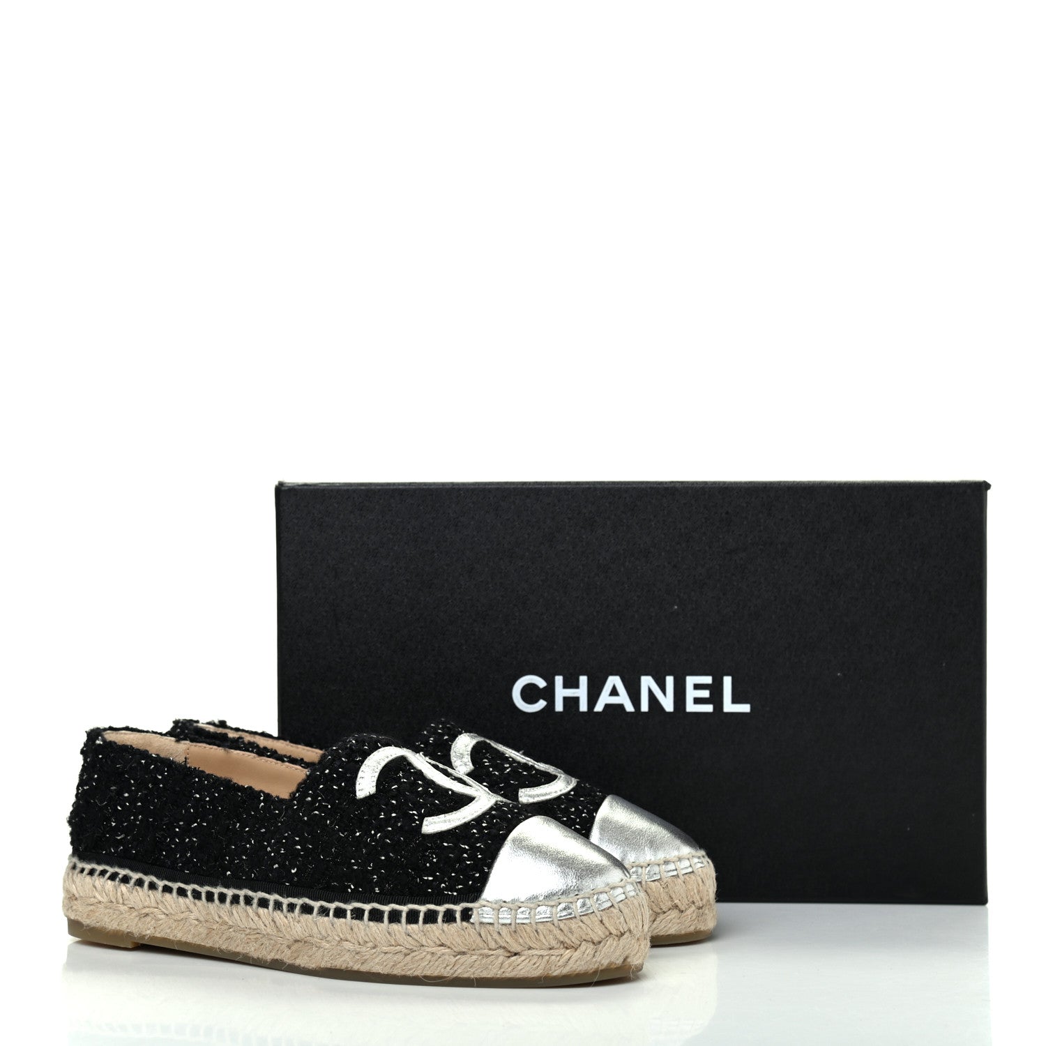 Chanel Metallic Lambskin Tweed CC Espadrilles 35 Black Silver 11 of 11