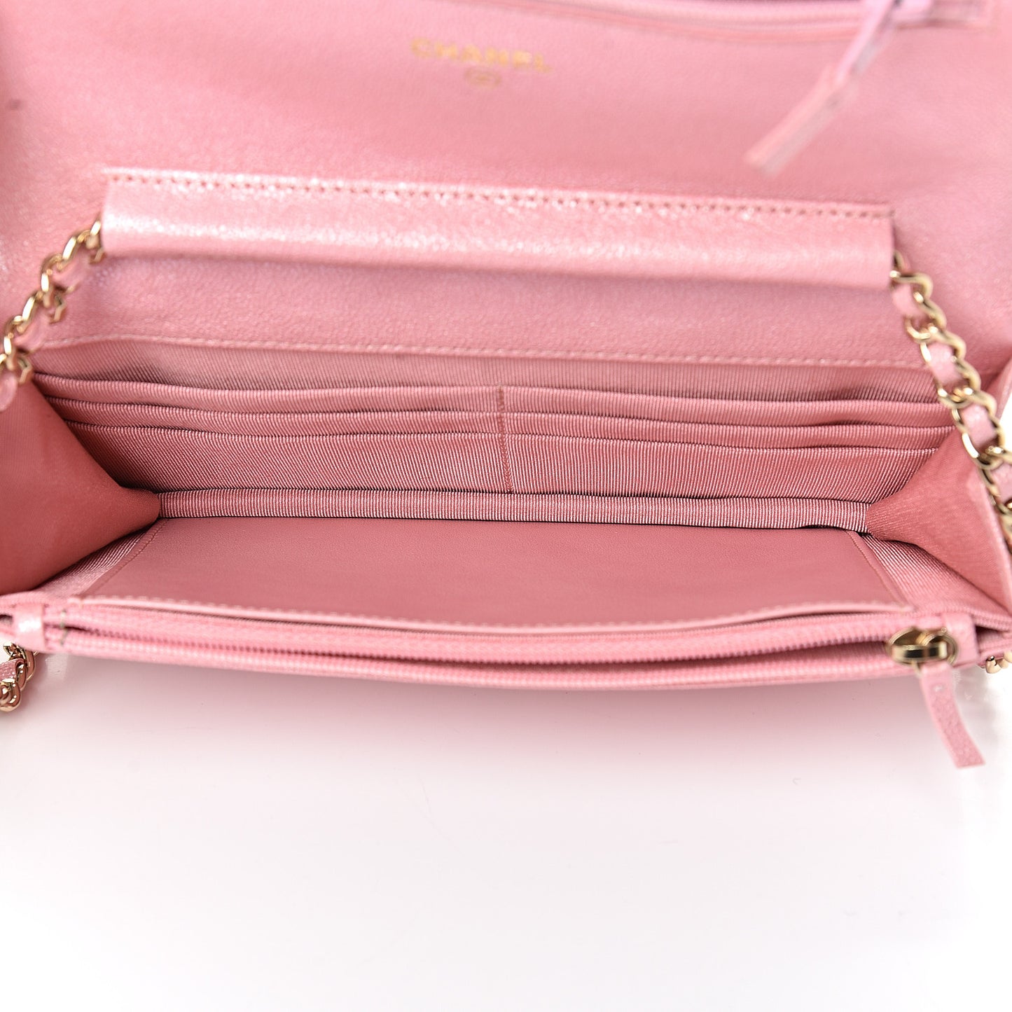 Iridescent Caviar Quilted Wallet on Chain WOC Rose Pink