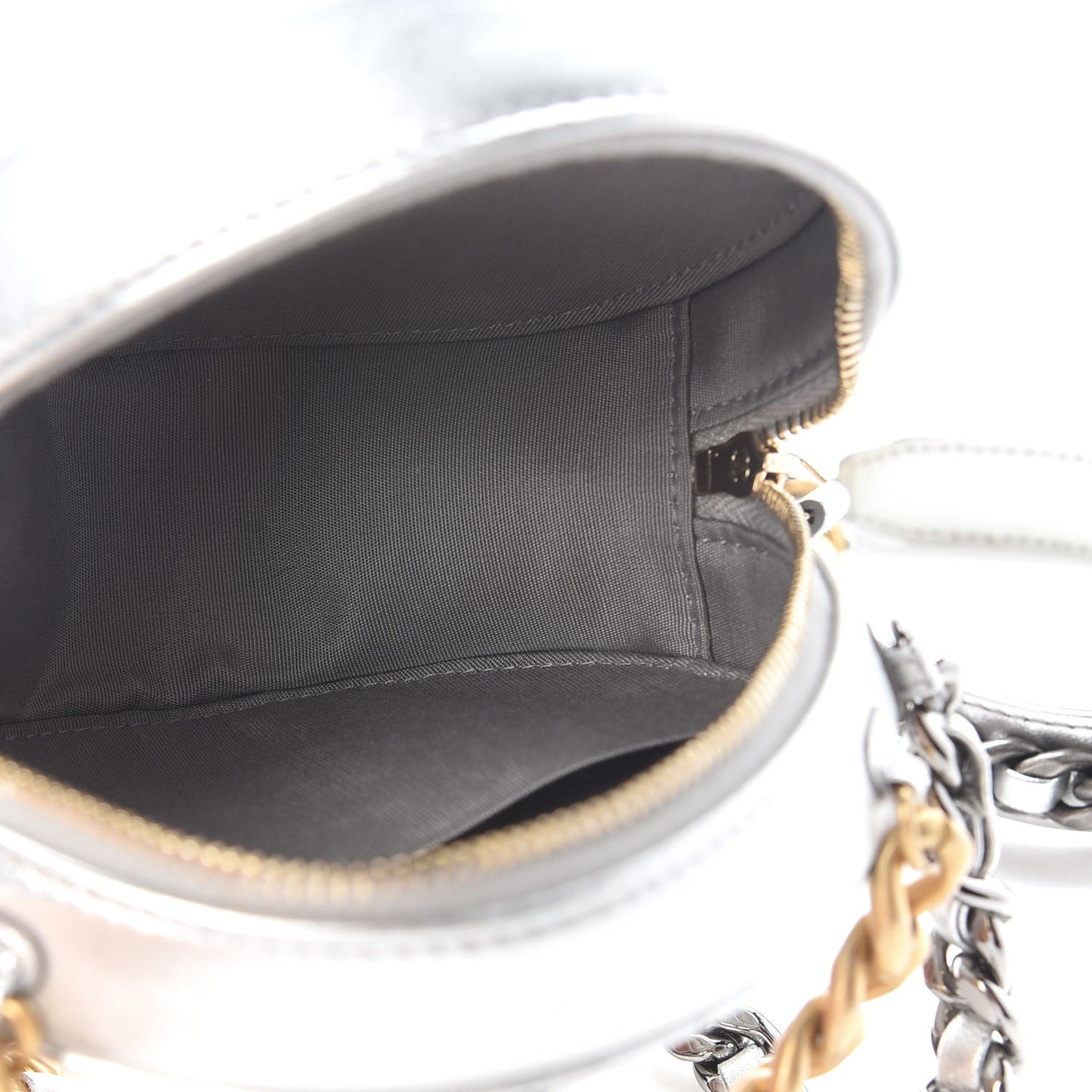 Metallic Lambskin Quilted Chanel 19 Round Clutch With Chain Silver