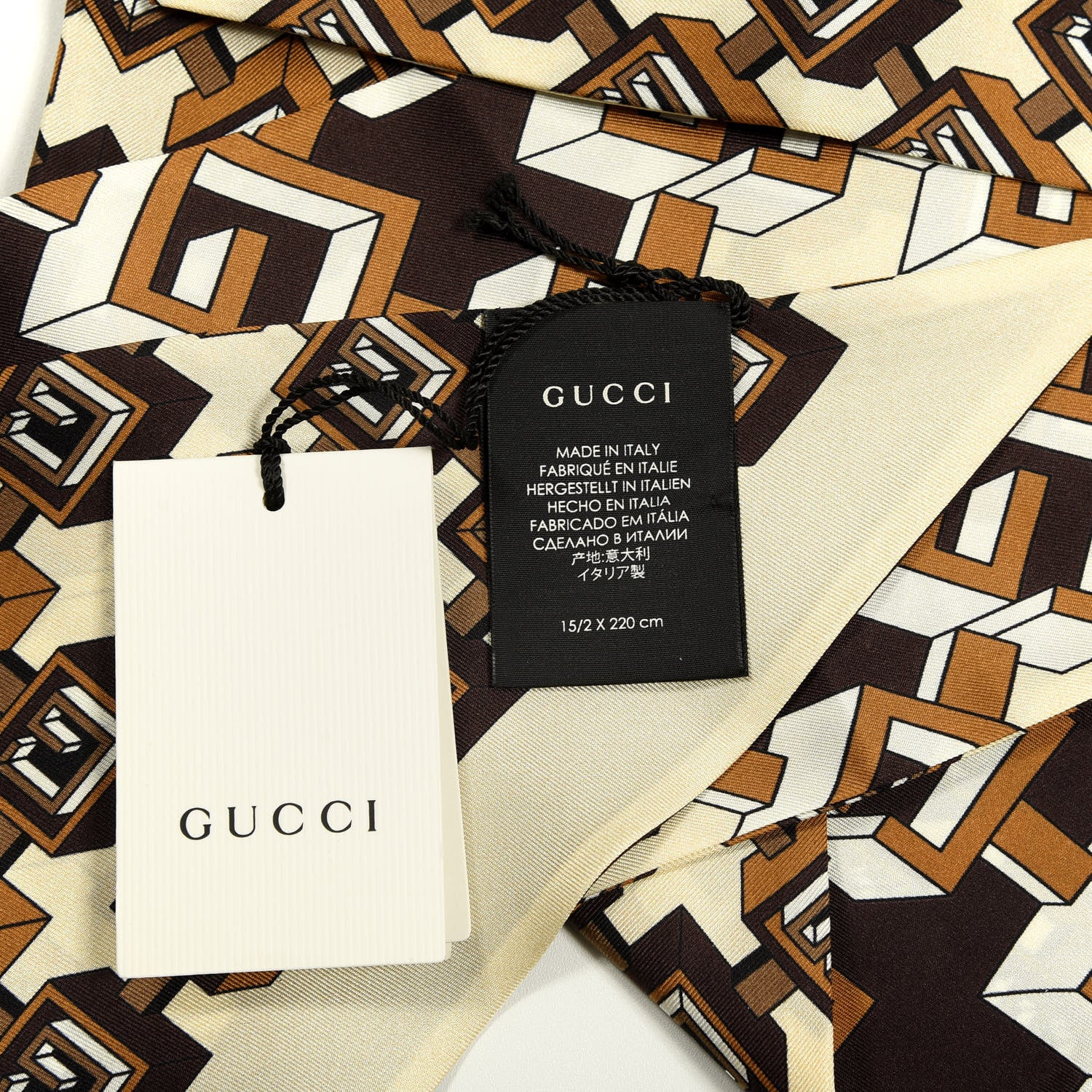 Gucci Silk Twill Isometric G Neck Bow Scarf Brown Ivory 4 of 4