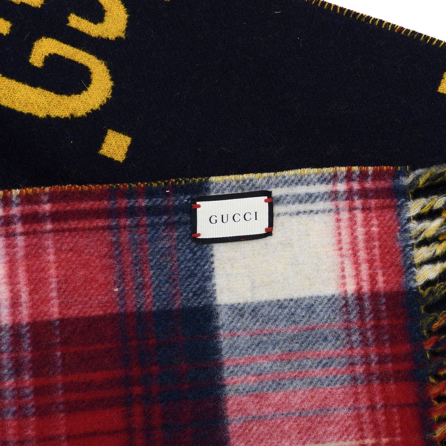 Wool GG Monogram Plaid Tartan Free Scarf Navy Red