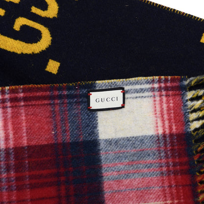 Gucci Wool GG Monogram Plaid Tartan Free Scarf Navy Red 3 of 4