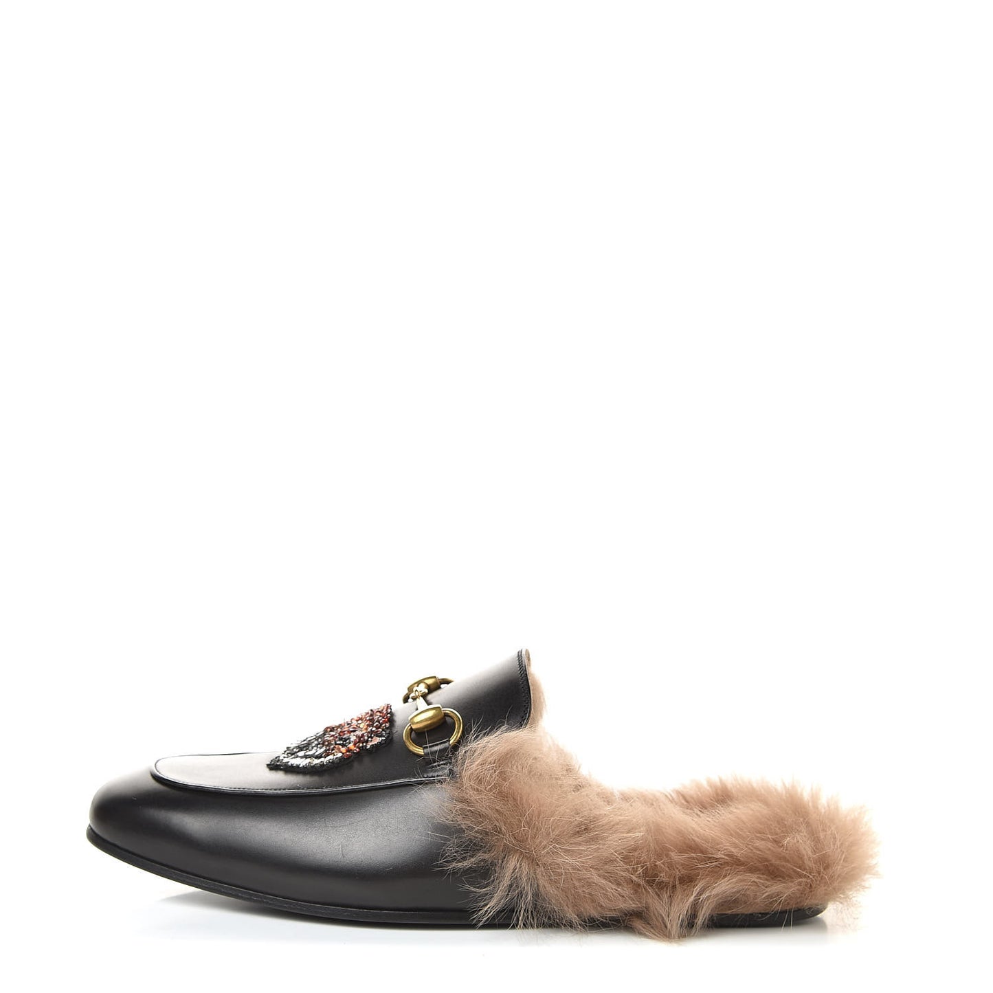 Calfskin Fur Crystal Tiger Embroidered Mens Princetown Slippers 7 Black