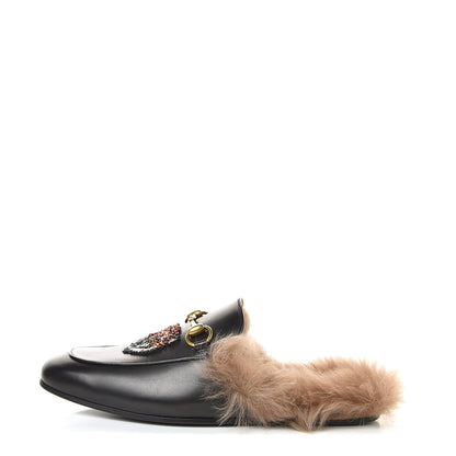 Gucci Calfskin Fur Crystal Tiger Embroidered Mens Princetown Slippers 7 Black 1 of 8