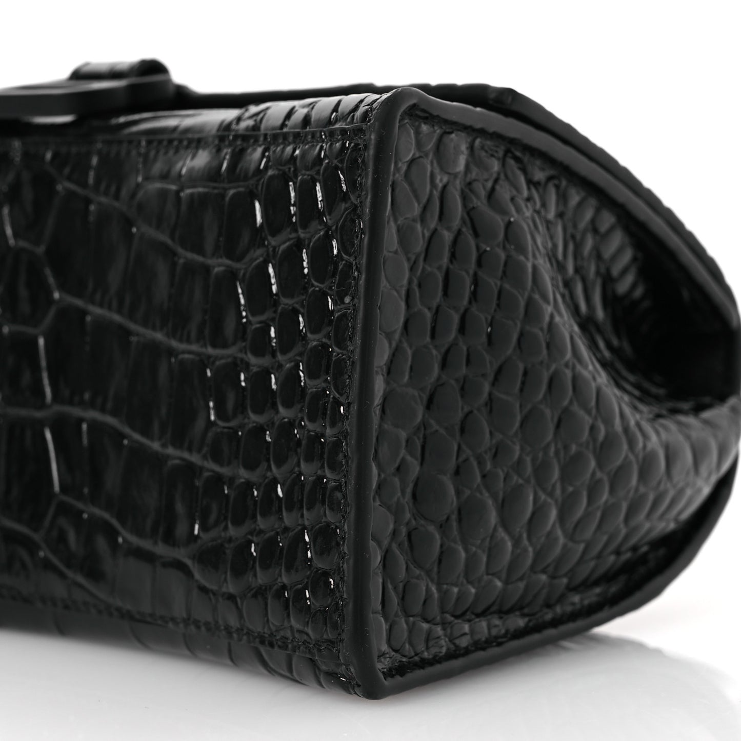 Shiny Calfskin Monochrome Crocodile Embossed Small Hourglass Top Handle Bag Black