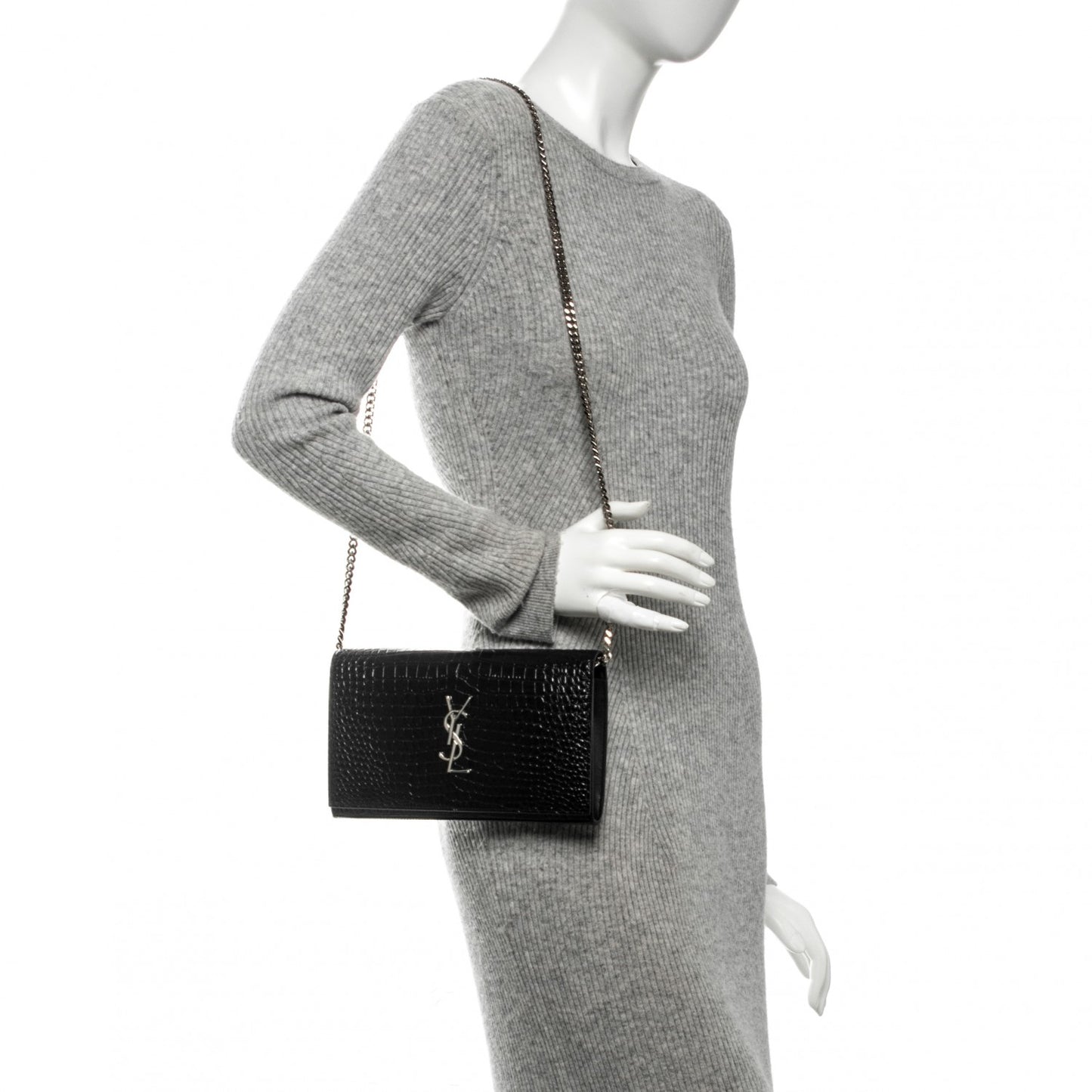 Calfskin Crocodile Embossed Monogram Chain Wallet Nero Black