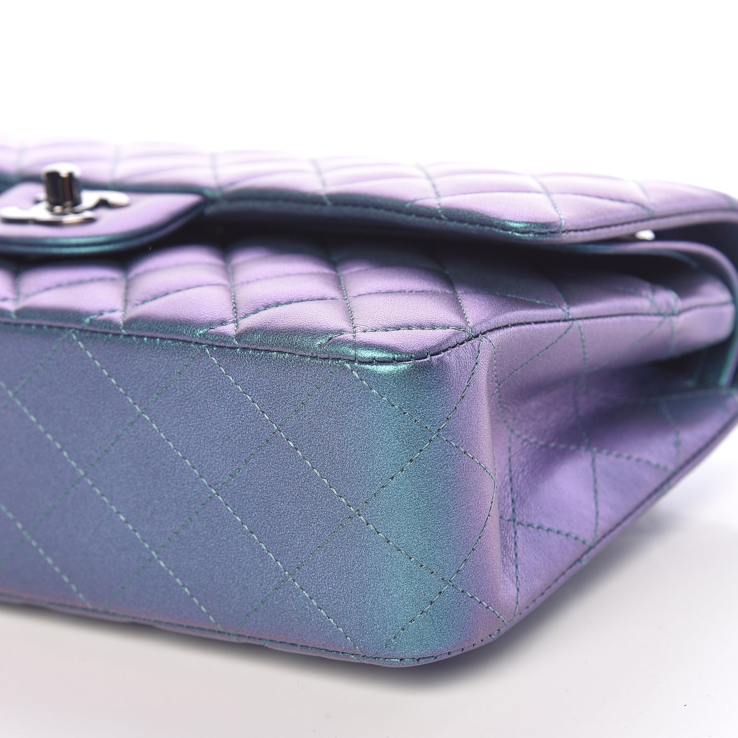 Metallic Lambskin Quilted Medium Double Flap Turquoise