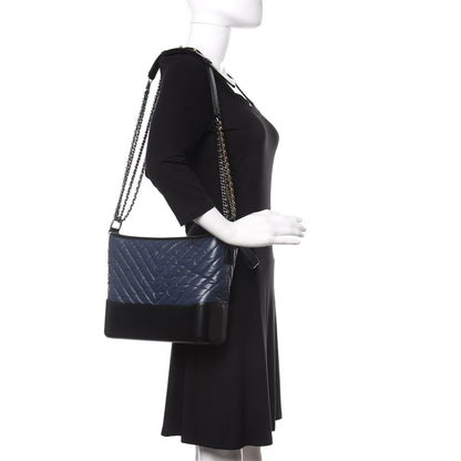 Chanel Aged Calfskin Chevron Quilted Medium Gabrielle Hobo Navy Black 2 of 10