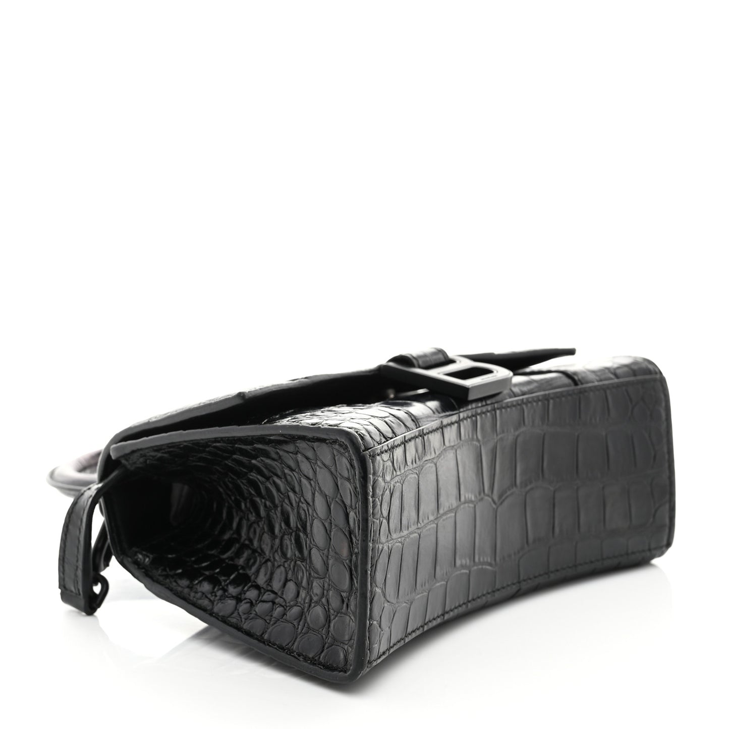 Shiny Calfskin Monochrome Crocodile Embossed Hourglass Top Handle Bag XS Black