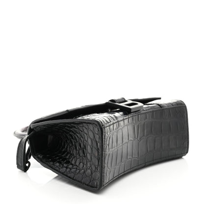 Balenciaga Shiny Calfskin Monochrome Crocodile Embossed Hourglass Top Handle Bag XS Black 4 of 11