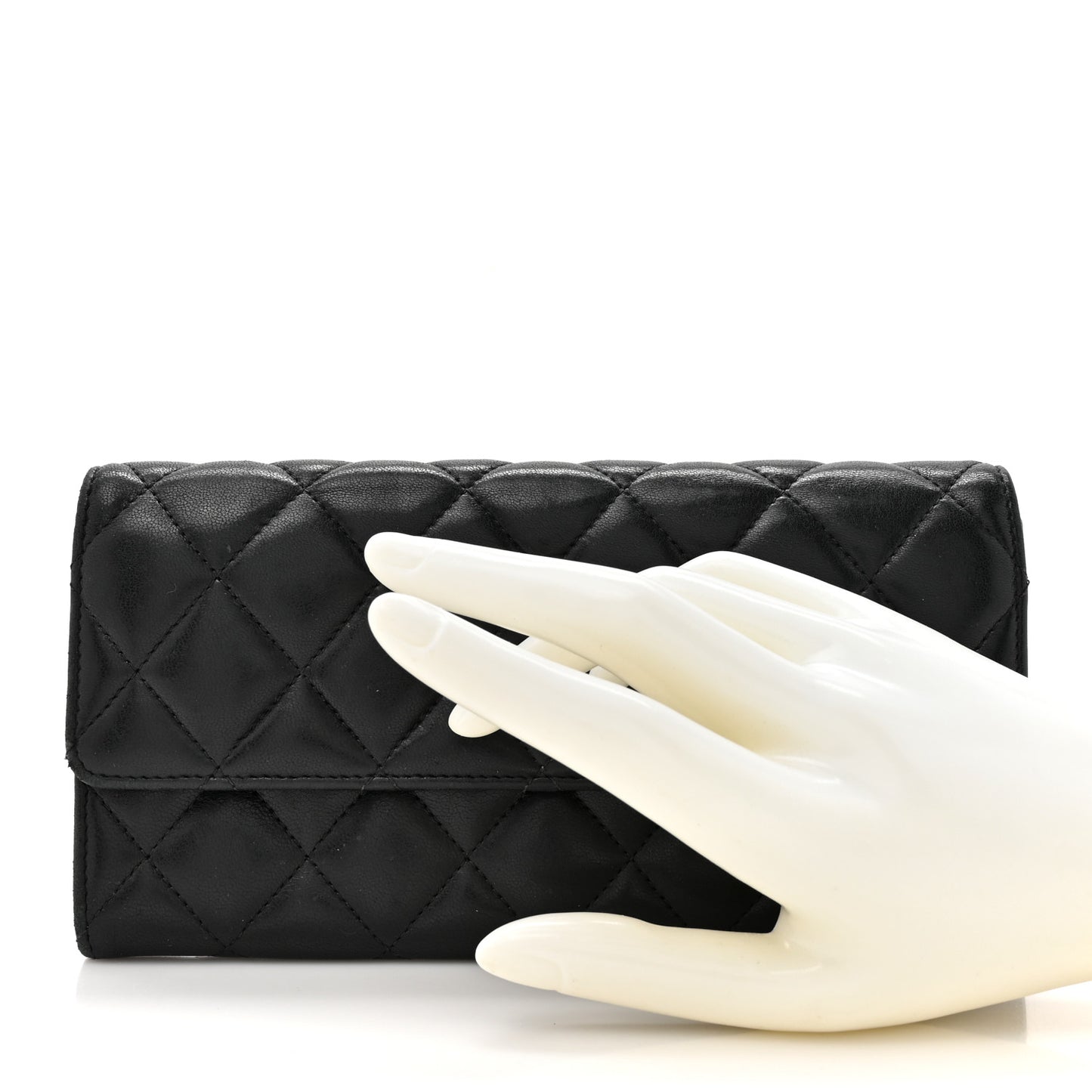 Lambskin Quilted Large Gusset Flap Wallet Black