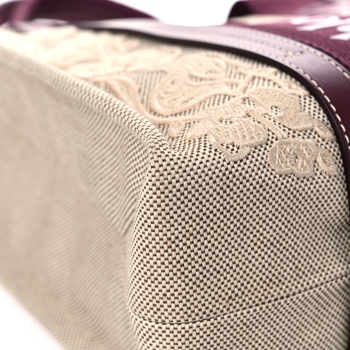 Cotton Calfskin Embroidered Medium Woody Ribbon Tote Burgundy