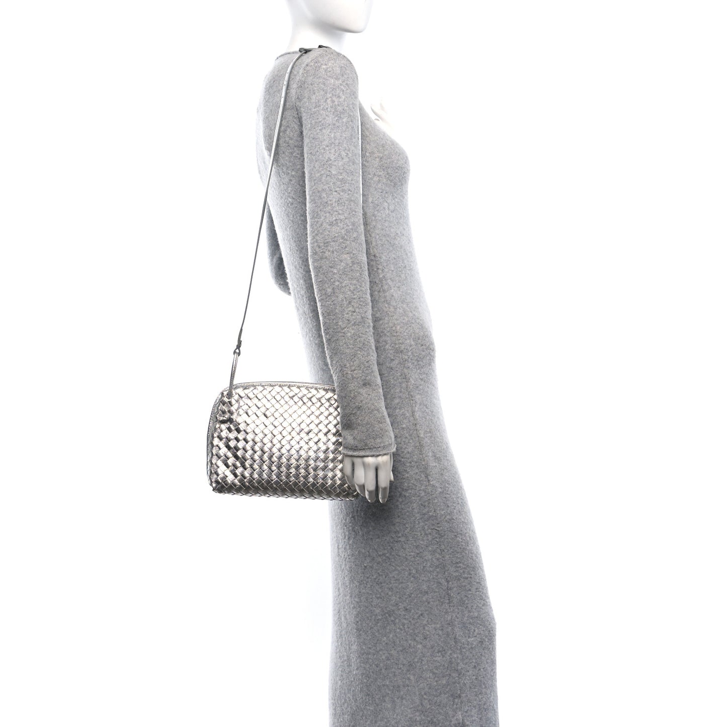 Metallic Nappa Intrecciato Nodini Crossbody Messenger Silver