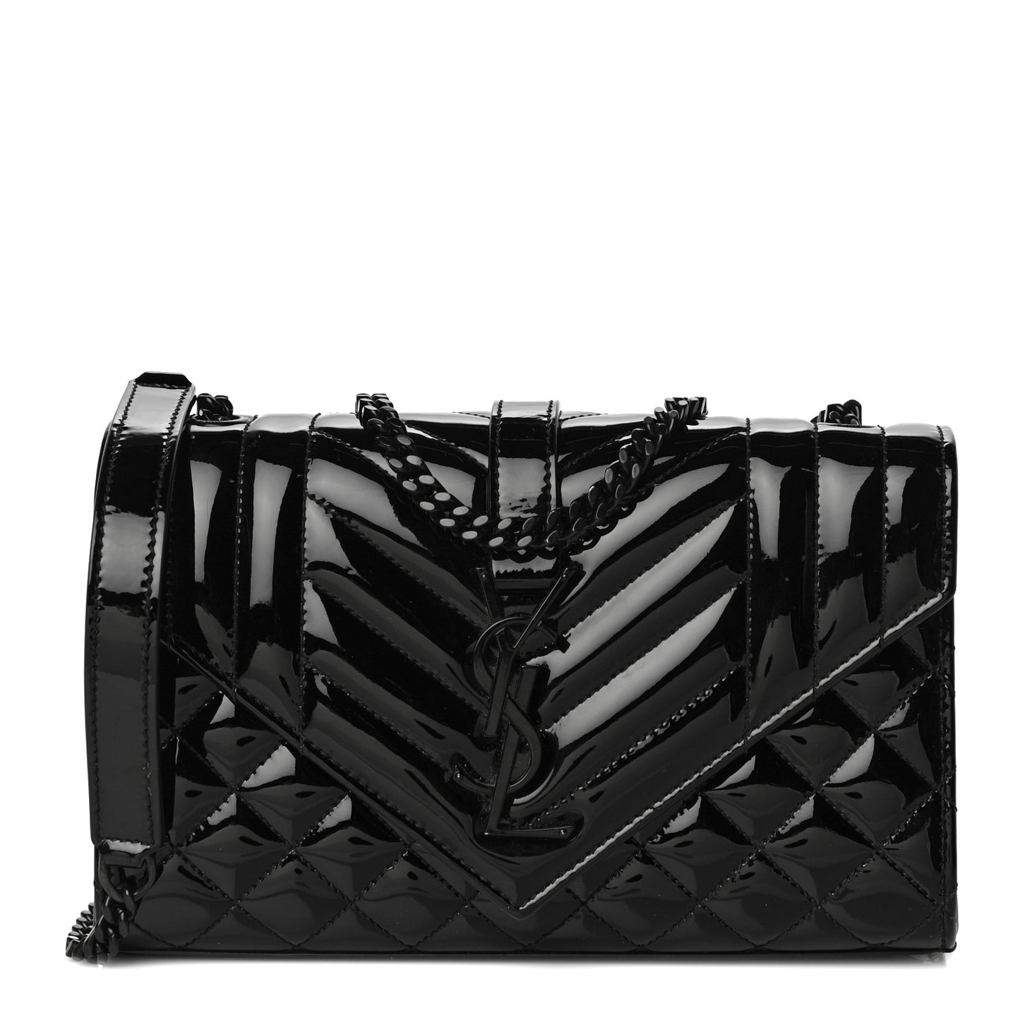 Patent Mixed Matelasse Triquilt Small Monogram Satchel Black