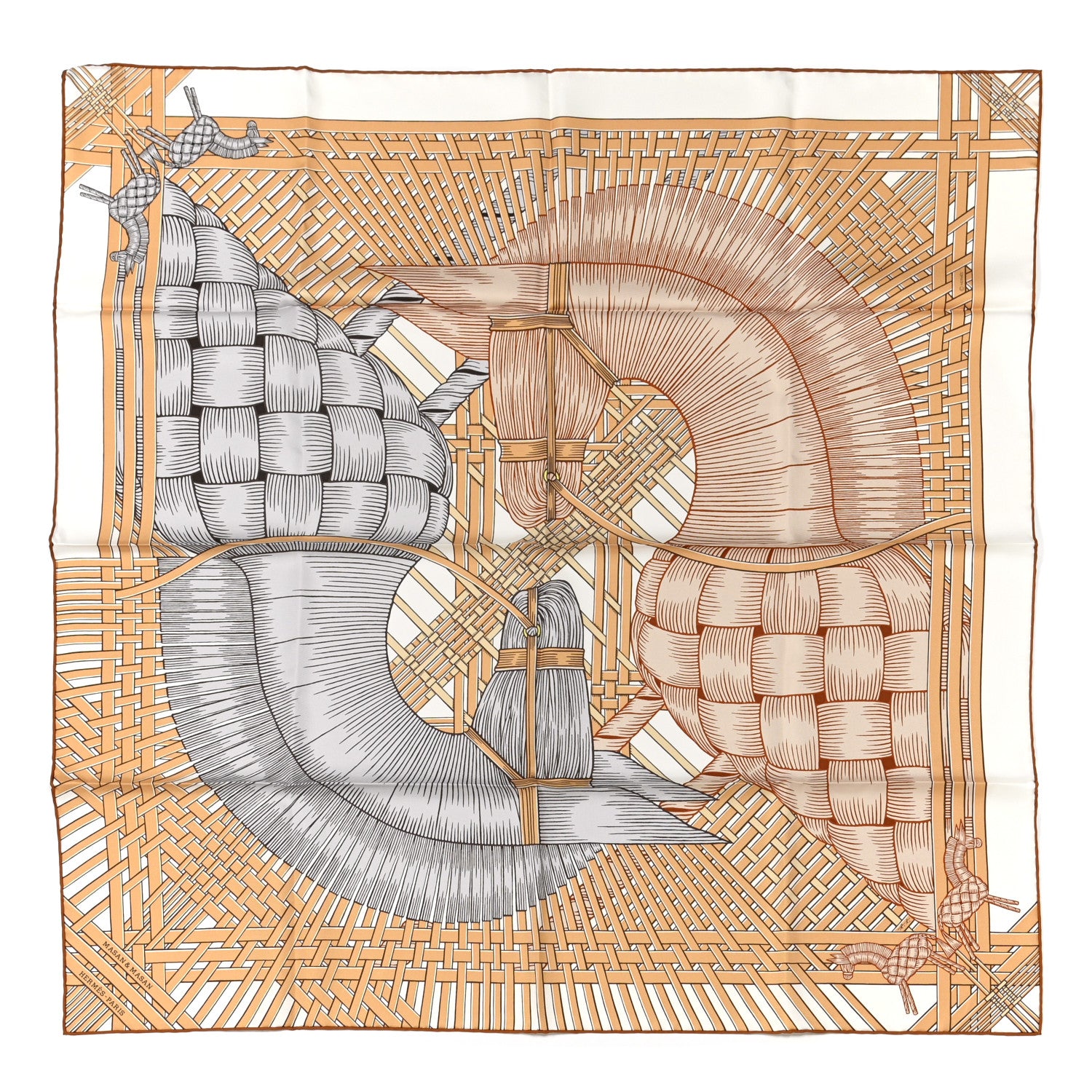 Hermes Silk Masan & Masan Scarf 90 White Beige Gris 1 of 4