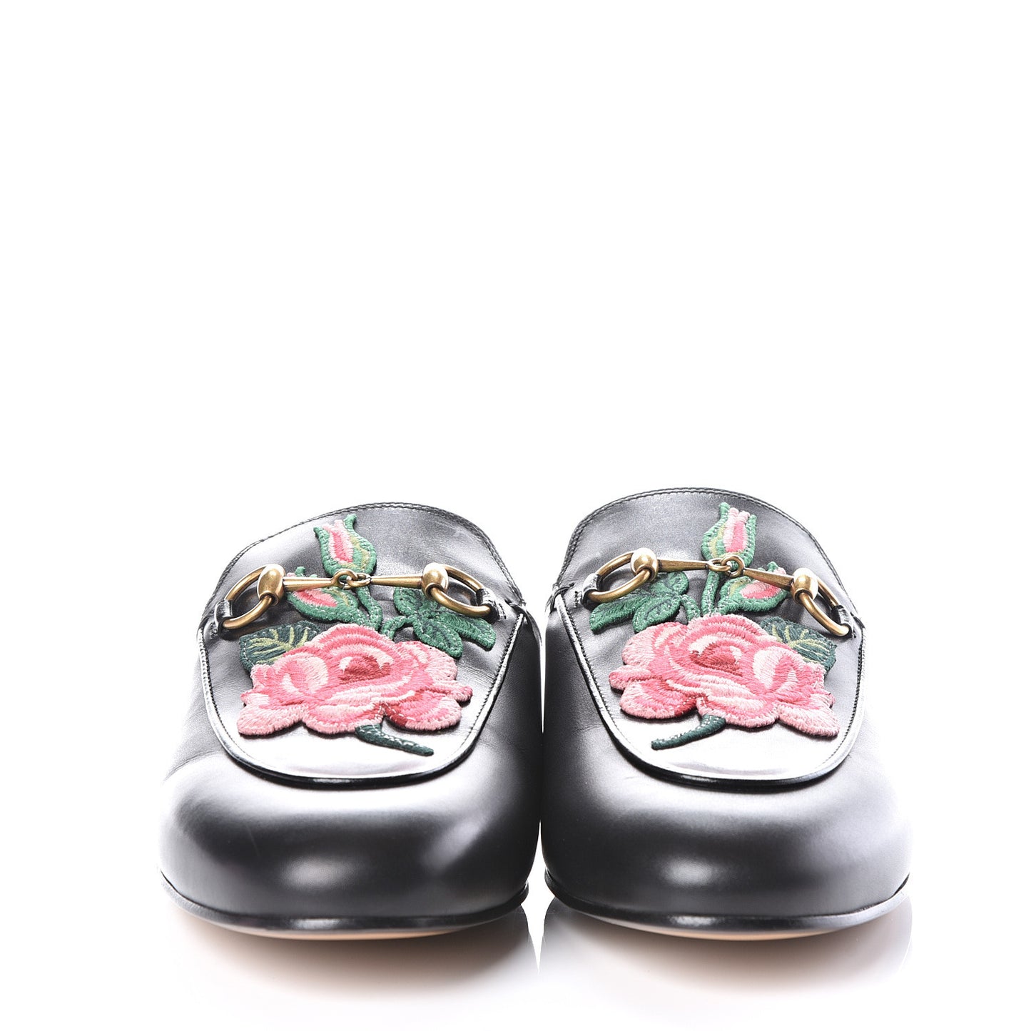 Calfskin Flower Embroidered Princetown Slippers 40 Black