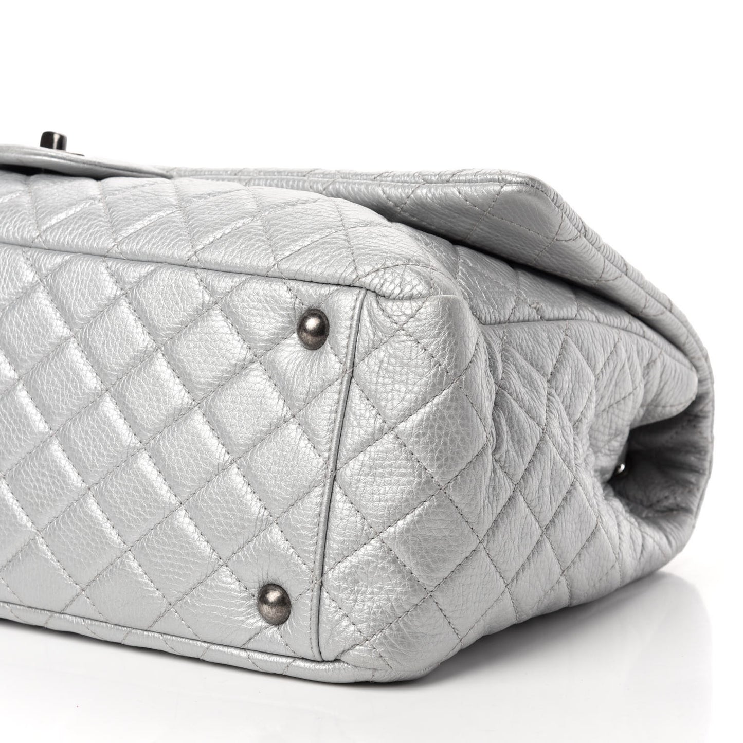 Metallic Calfskin Quilted XXL Travel Flap Bag Silver