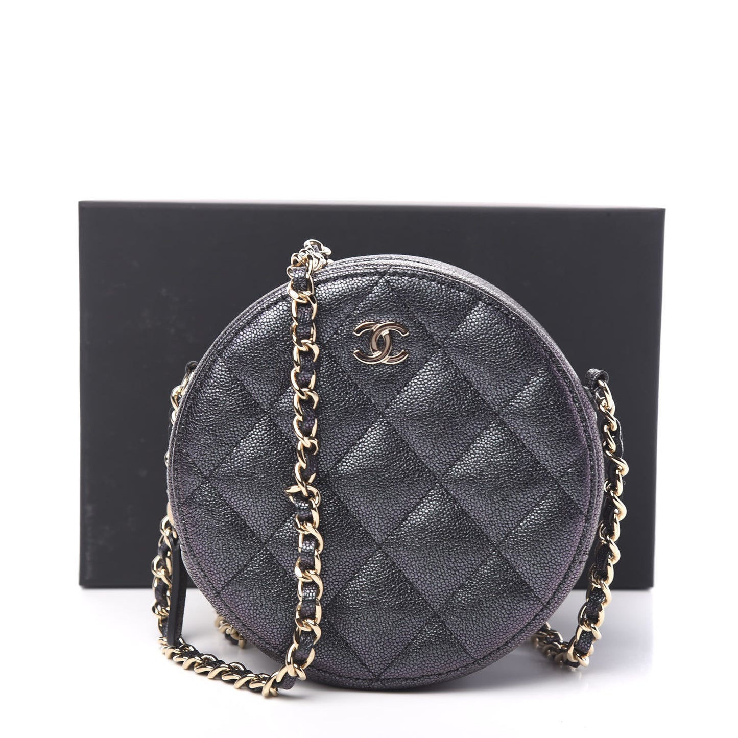 Iridescent Caviar Quilted Round Clutch With Chain Black