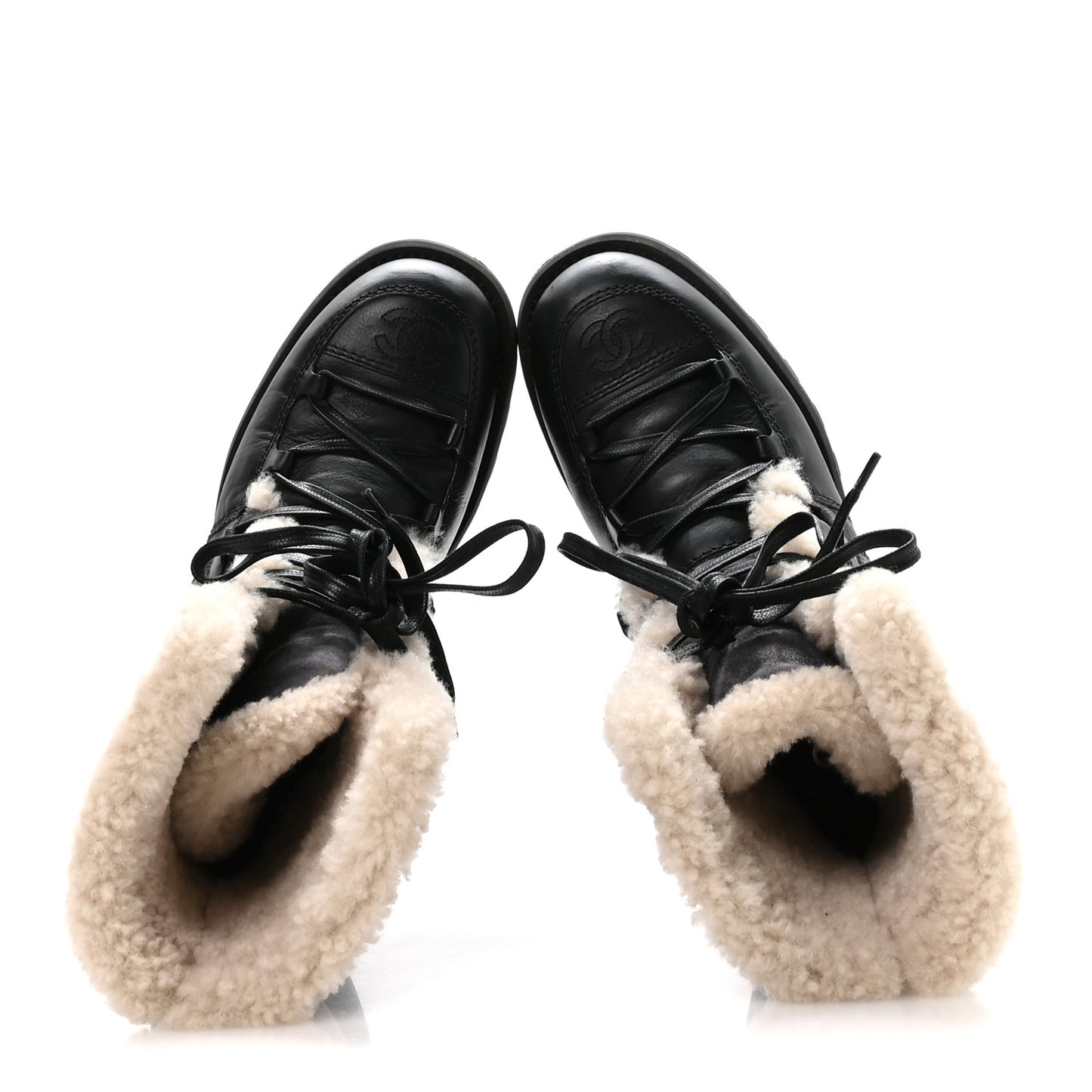 Calfskin Suede Shearling Lace Up Boots 37 Black Grey Light Beige