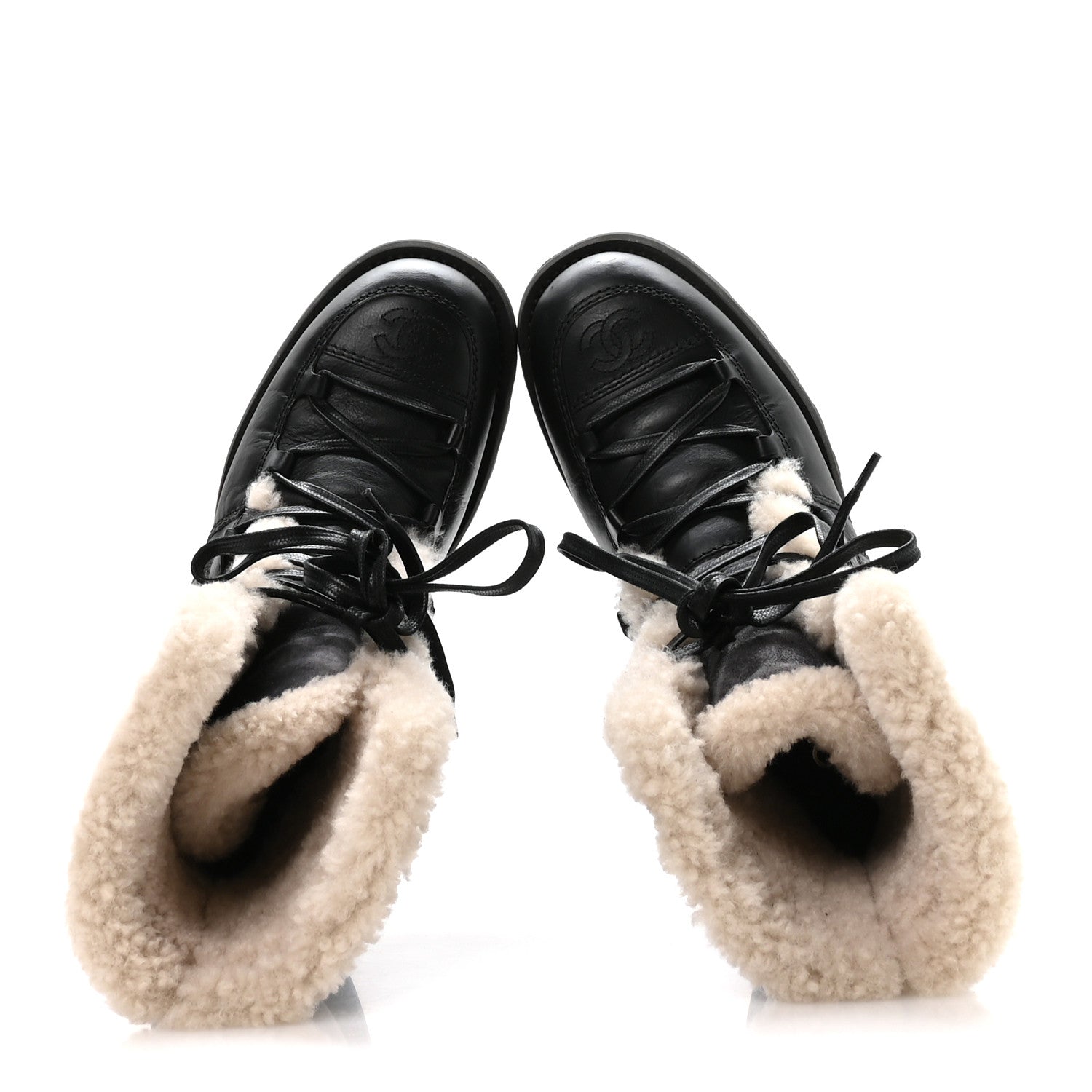 Chanel Calfskin Suede Shearling Lace Up Boots 37 Black Grey Light Beige 2 of 8