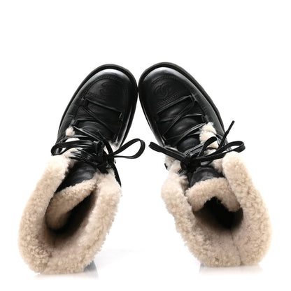Chanel Calfskin Suede Shearling Lace Up Boots 37 Black Grey Light Beige 2 of 8