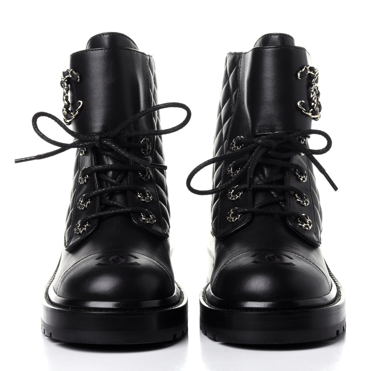 Shiny Lambskin Quilted Lace Up Combat Boots 39.5 Black