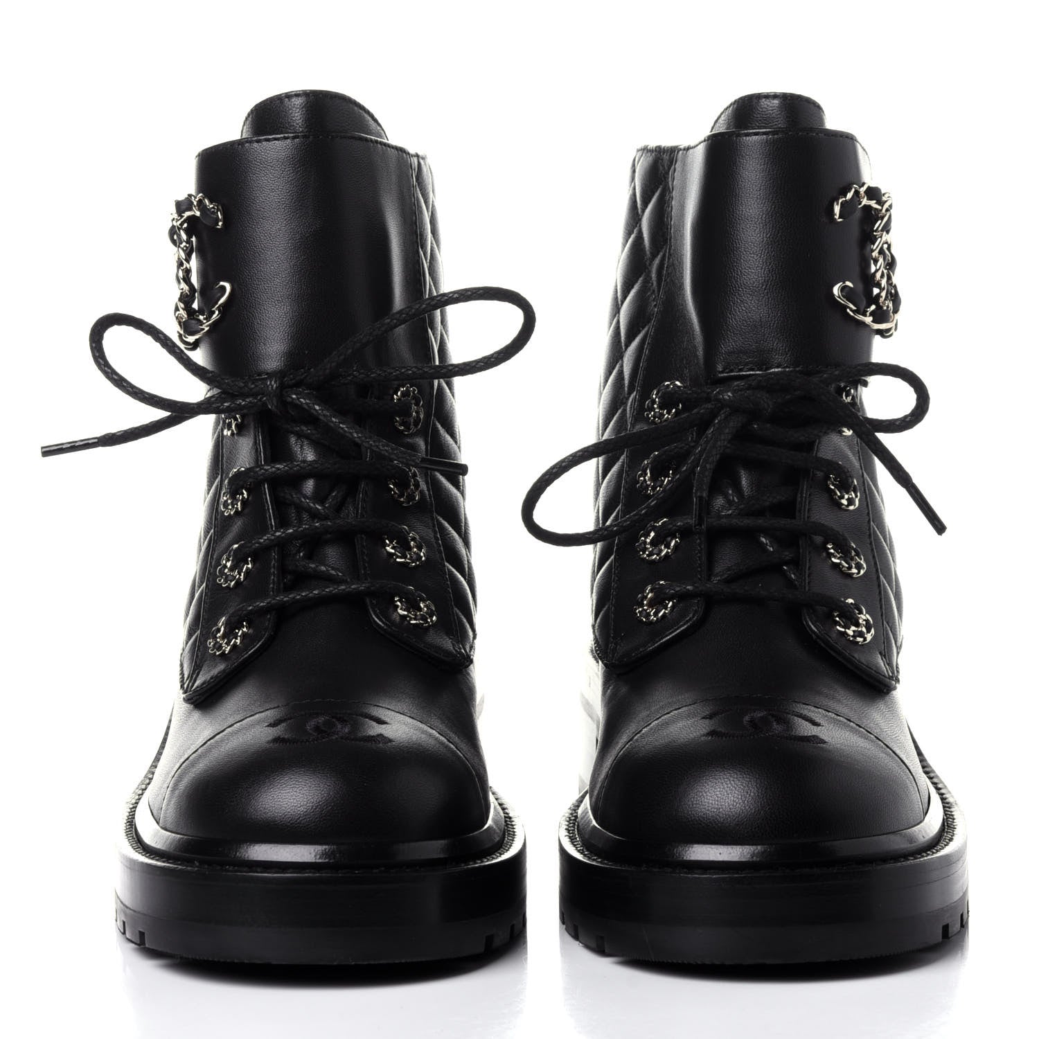 Chanel Shiny Lambskin Quilted Lace Up Combat Boots 39.5 Black 2 of 12