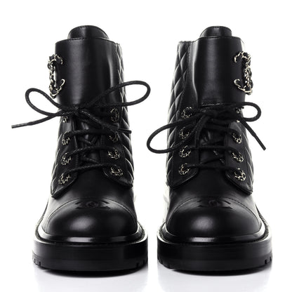 Chanel Shiny Lambskin Quilted Lace Up Combat Boots 39.5 Black 2 of 12
