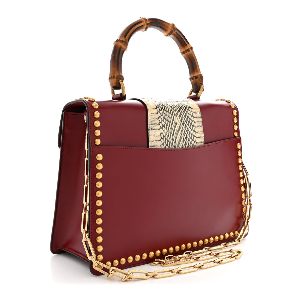 Glossy Calfskin Snakeskin Studded Fox Broche Bamboo Top Handle Bag Red