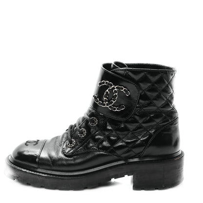 Chanel Shiny Goatskin Calfskin Quilted Lace Up Combat Boots 39 Black 1 of 10
