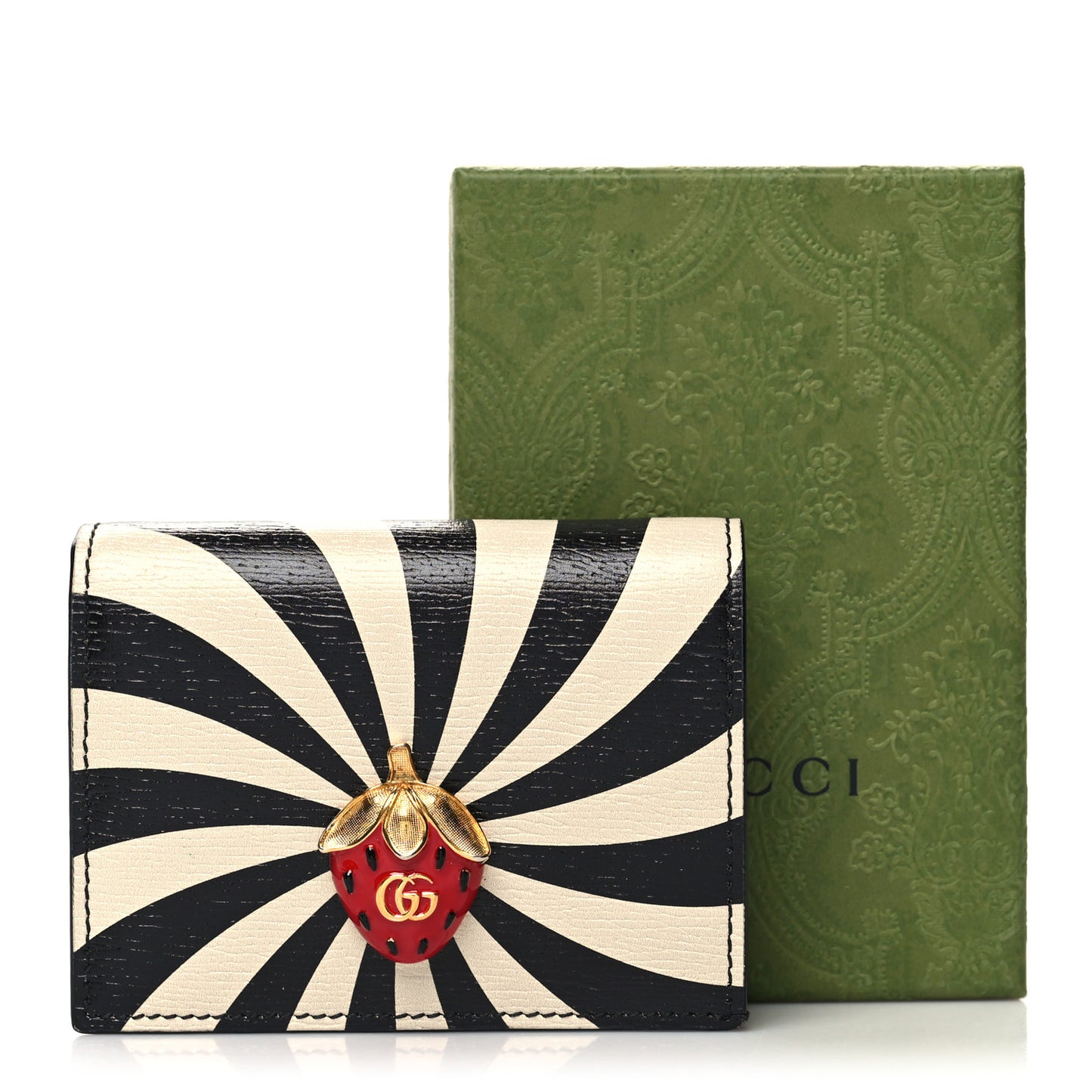 Textured Calfskin Double G Strawberry Card Case Black White