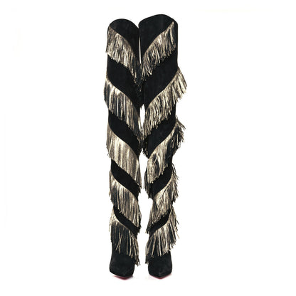 Christian Louboutin Veau Velours Lame Tweed Bolcheva 120 Thigh High Boots 37 Black Platine 2 of 9