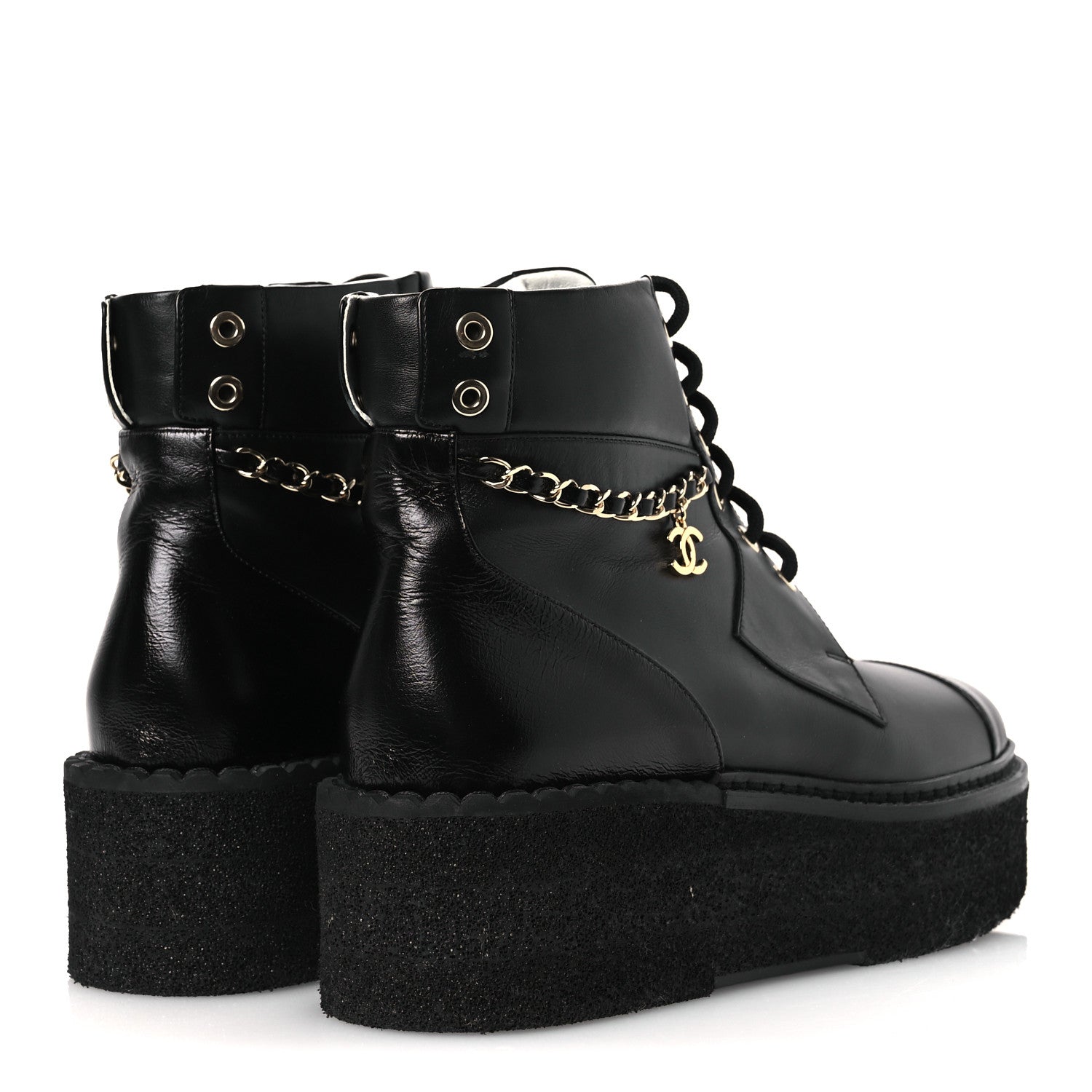Chanel Calfskin Shiny Calfskin Chain Lace Up CC Short Boots 38.5