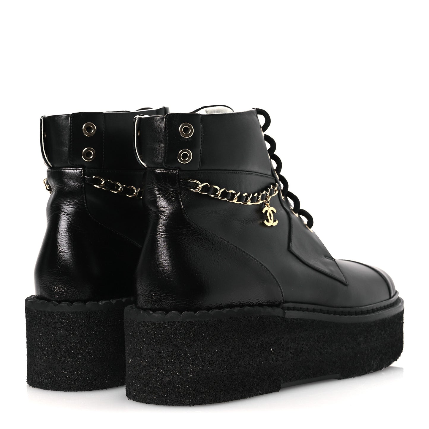 Calfskin Shiny Calfskin Chain Lace Up CC Short Boots 38.5 Black