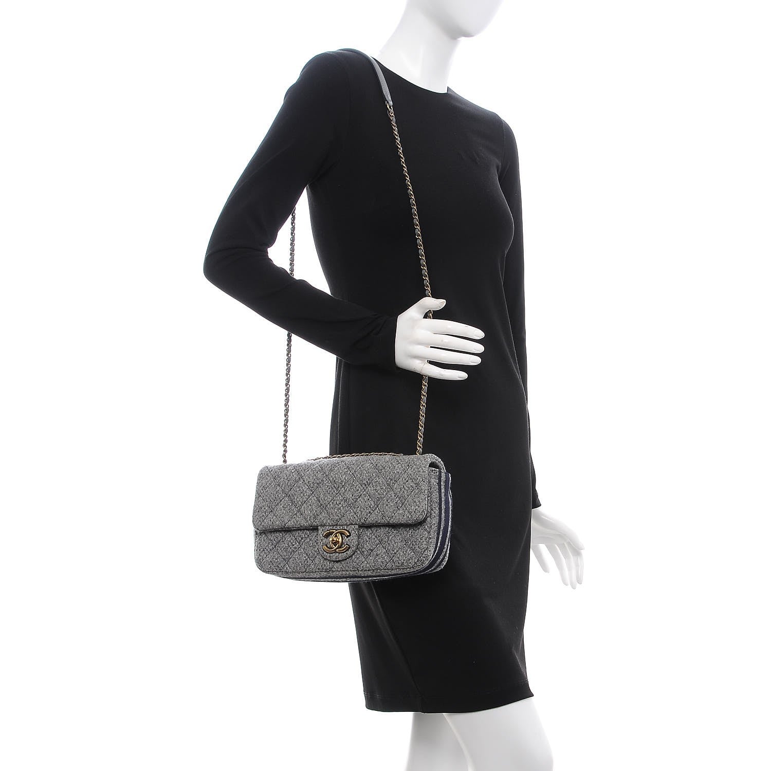 Chanel Wool Felt Grosgrain Quilted Medium CC Eyelet Flap Grey 2 of 7