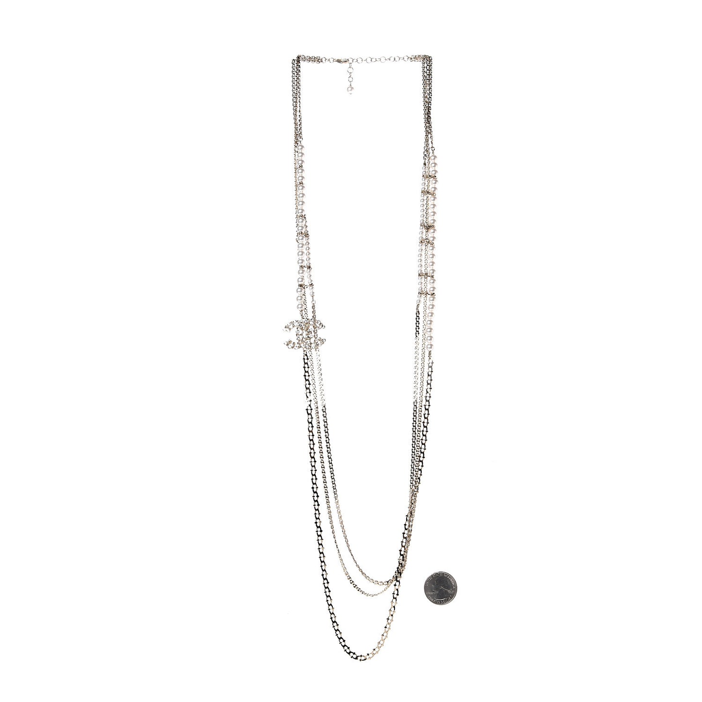 Crystal Pearl CC Long Multistrand Necklace Gold