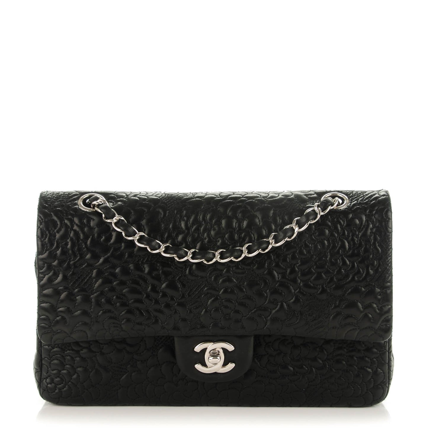 Lambskin Camellia Stitched Medium Double Flap Black