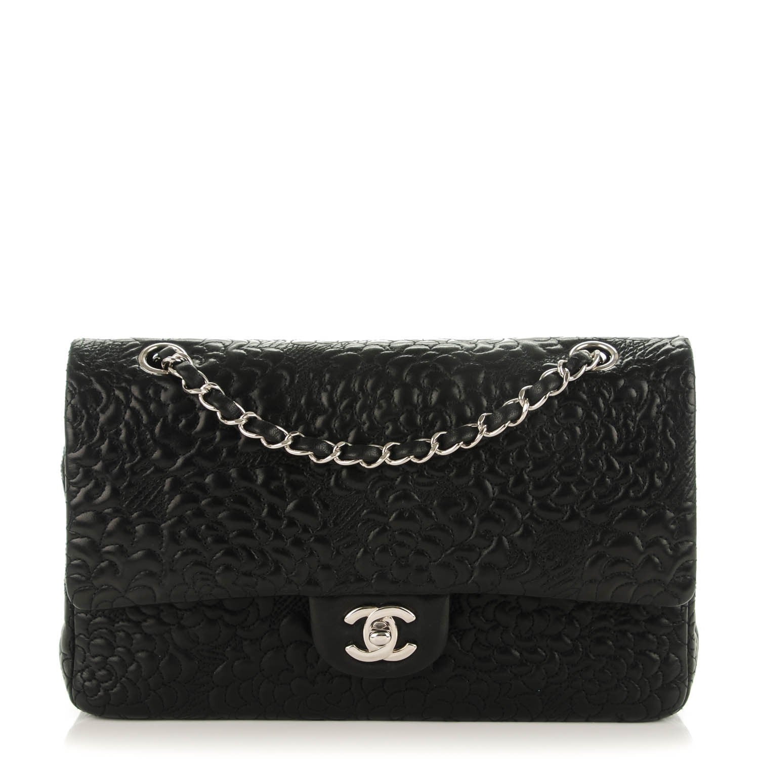Chanel Lambskin Camellia Stitched Medium Double Flap Black 1 of 9