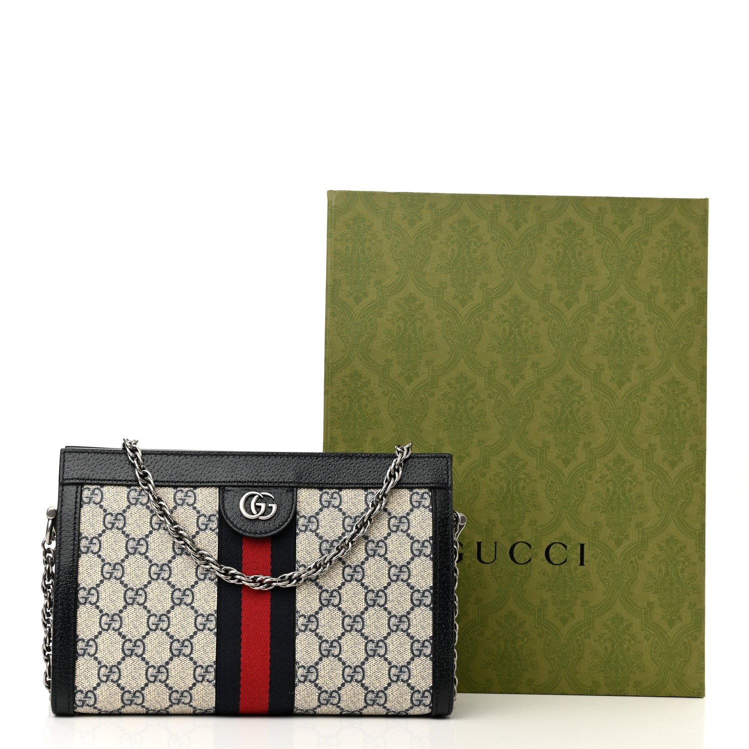 Gucci GG Supreme Monogram Textured Dollar Calfskin Web Small Ophidia Chain Shoulder Bag Beige Blue 11 of 11